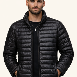 Men’s Premium Quilted Leather Puffer Jacket - Black