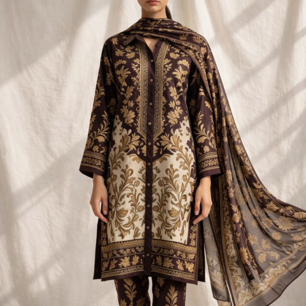Royal Mocha Printed Co-Ord Set with Dupatta